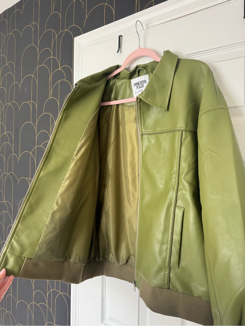 Princess Polly Olive Green Oversized Vegan Leather Zip Jacket - Picture 3 of 6
